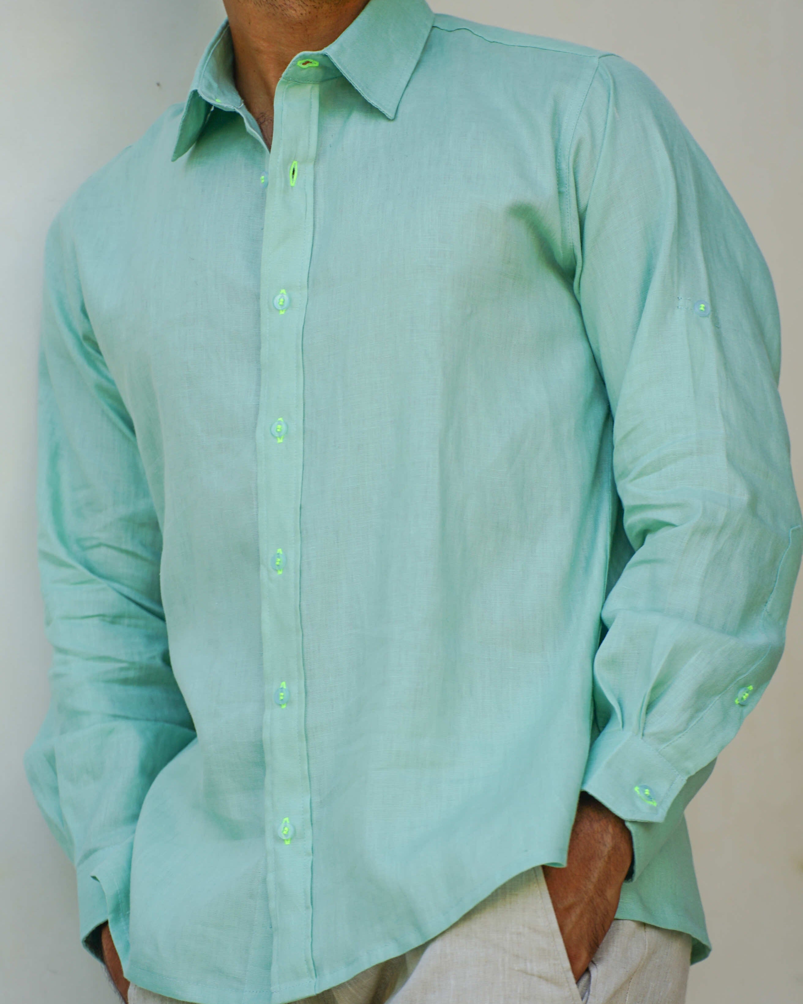 MALLORCA Linen Shirt - Pastel Green/Neon Yellow - CRASQI