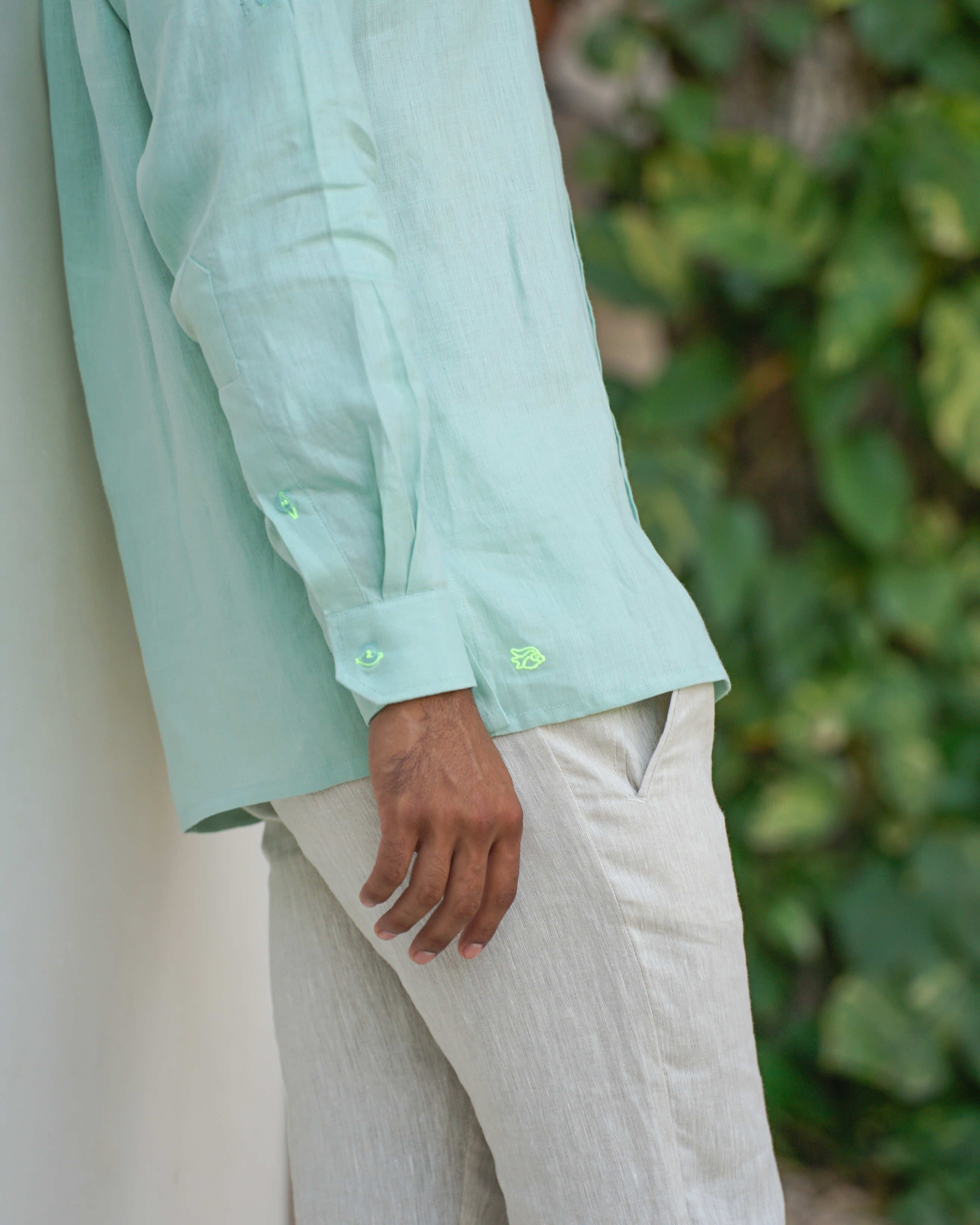 MALLORCA Linen Shirt - Pastel Green/Neon Yellow - CRASQI