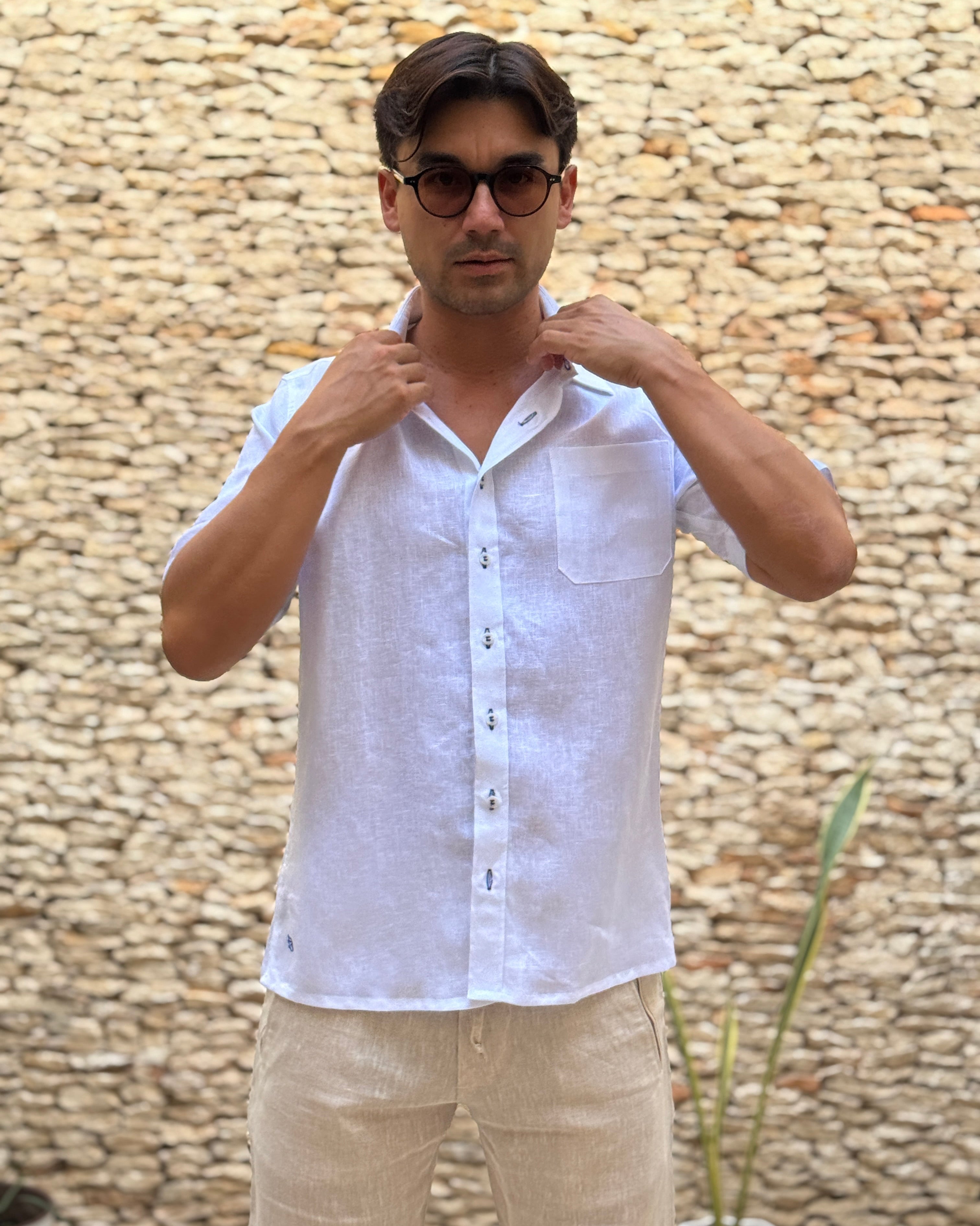 MARBELLA Linen Shirt - White/Royal Blue - CRASQI