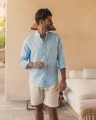 MENORCA Linen Shirt - Blue Sky/Neon Orange - CRASQI