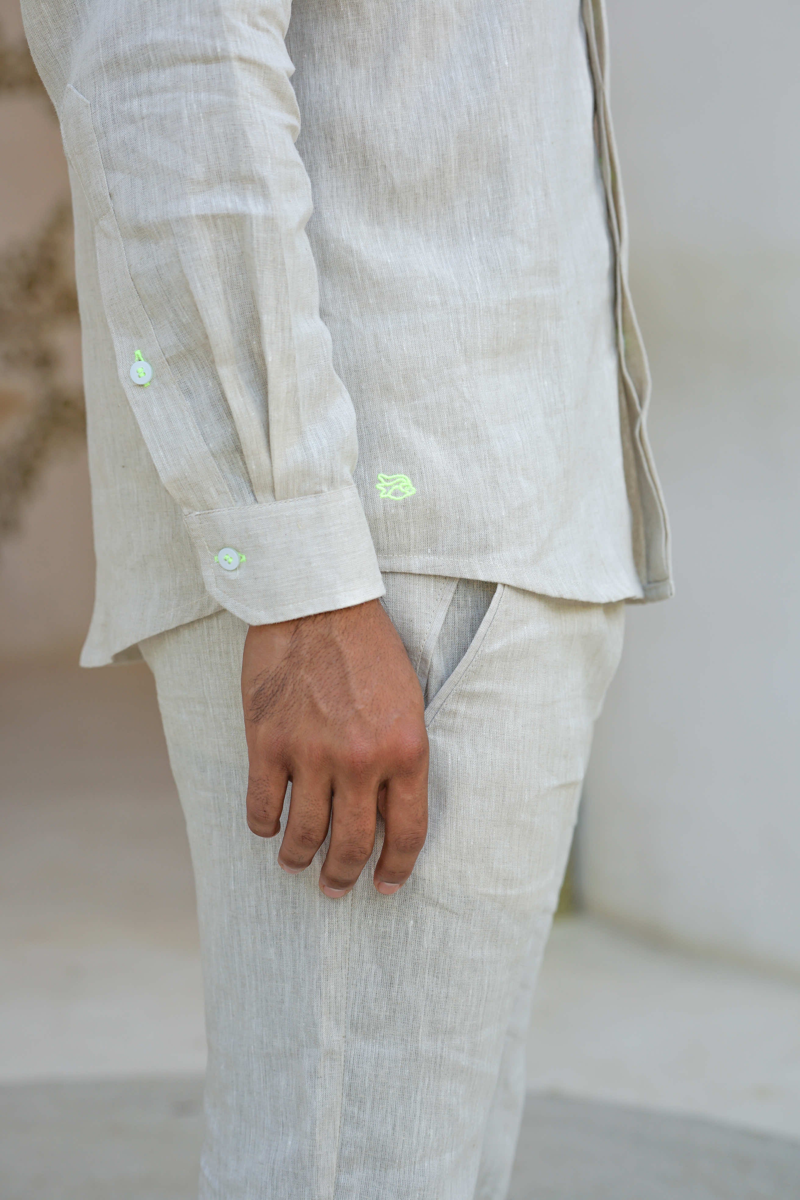MENORCA Linen Shirt - Sand/Neon Yellow - CRASQI