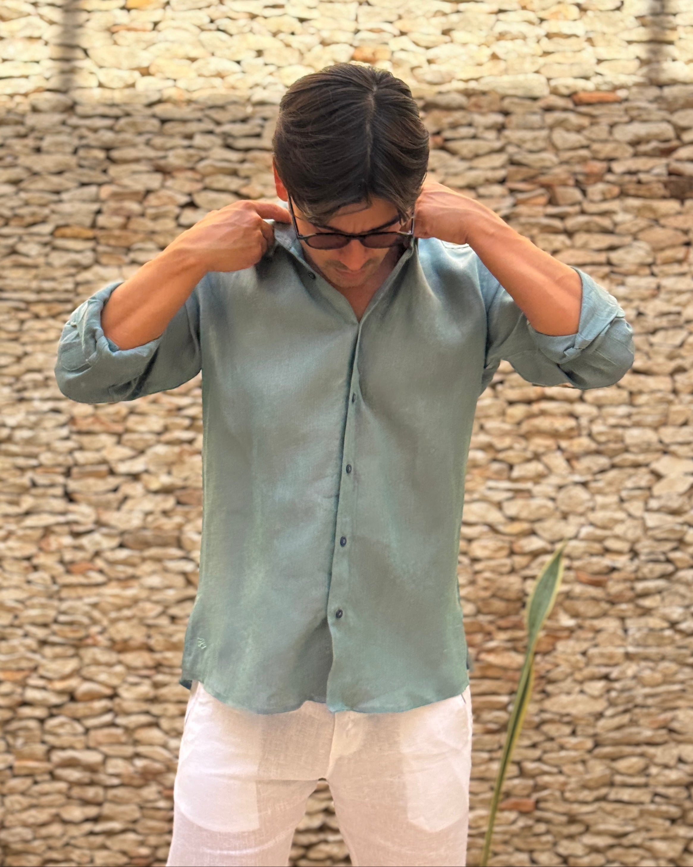 MALLORCA Linen Shirt - Dark Green/Light Blue/Navy - CRASQI