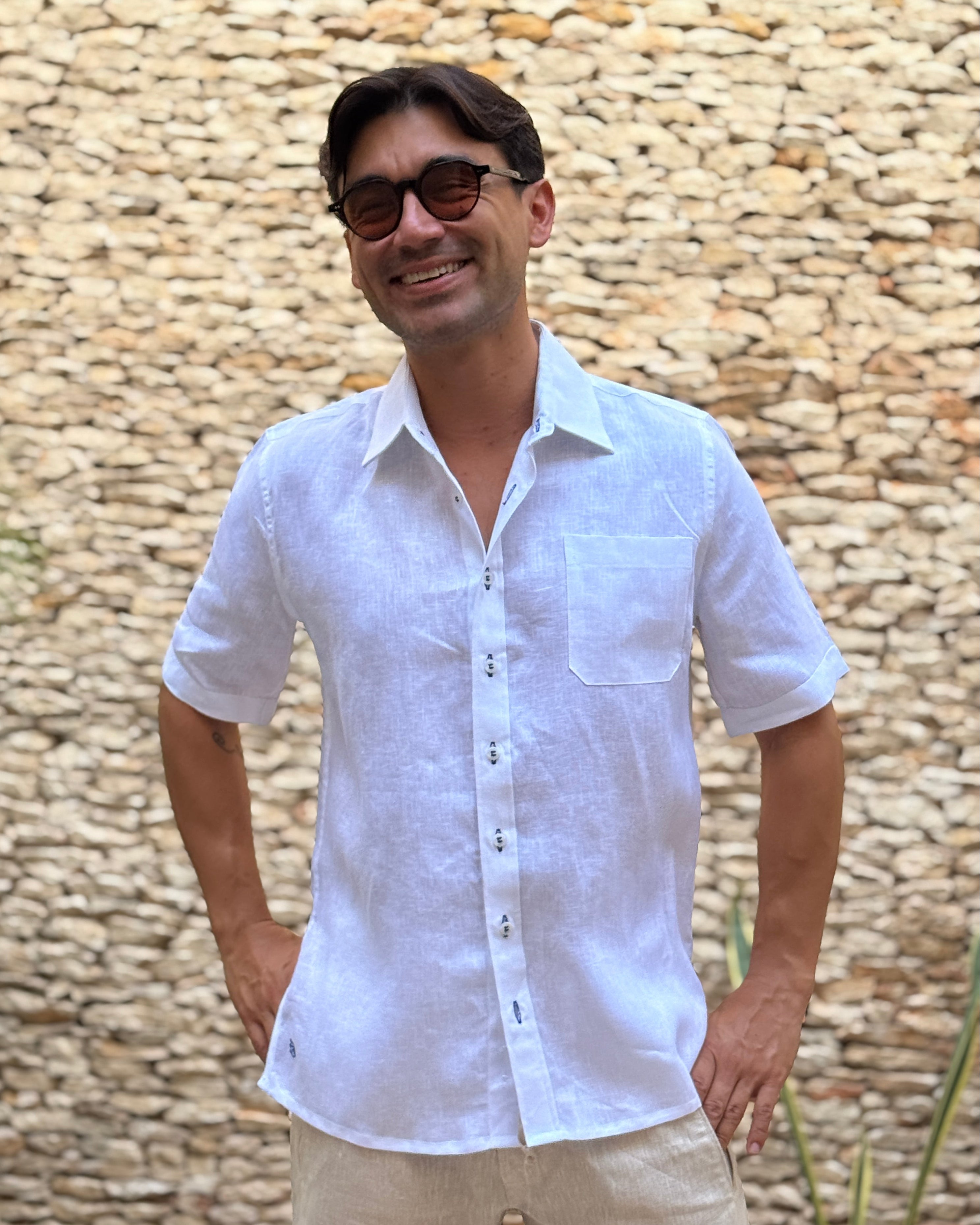 MARBELLA Linen Shirt - White/Royal Blue - CRASQI