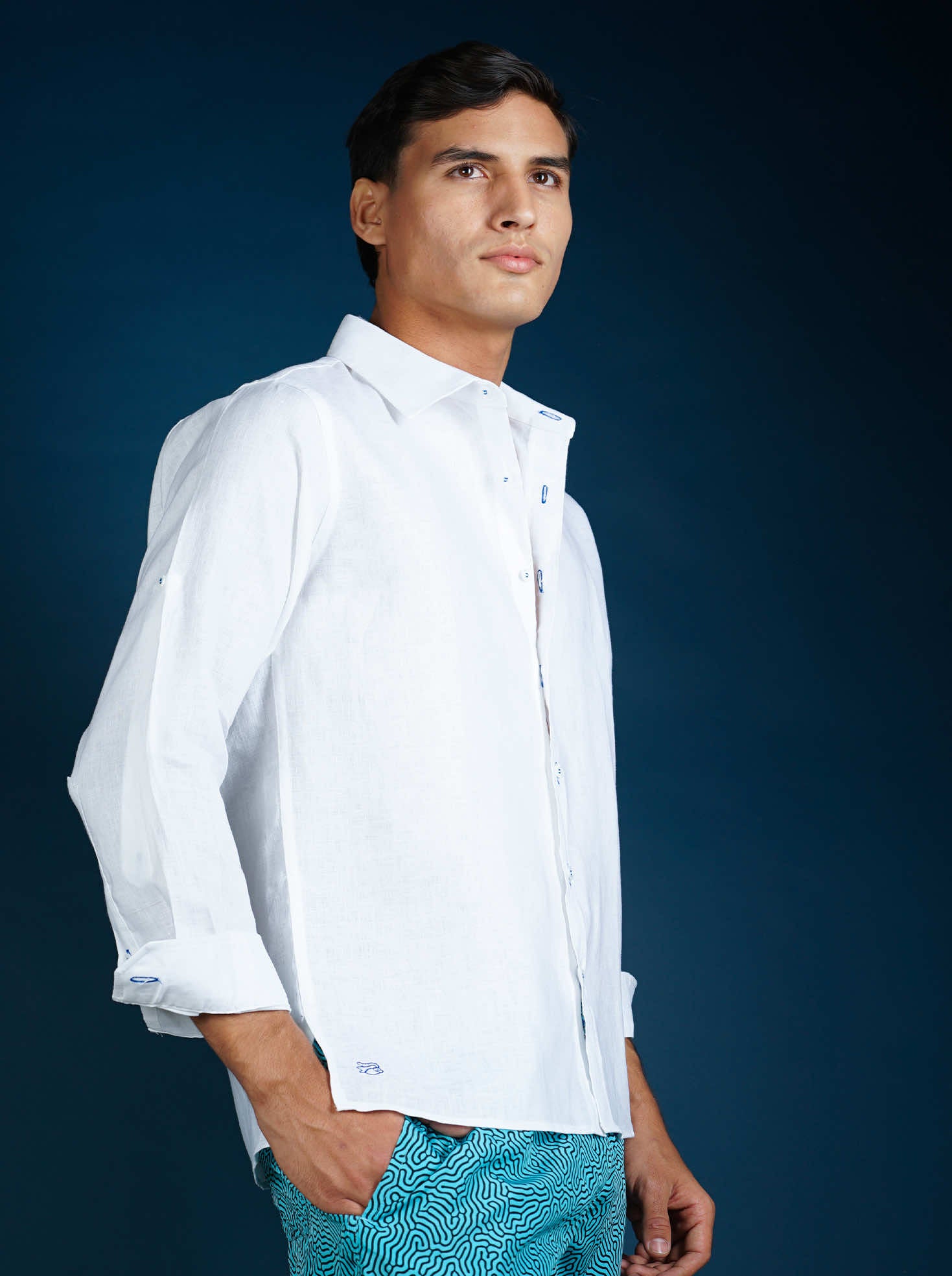 MALLORCA Linen Shirt - White/Royal Blue - CRASQI