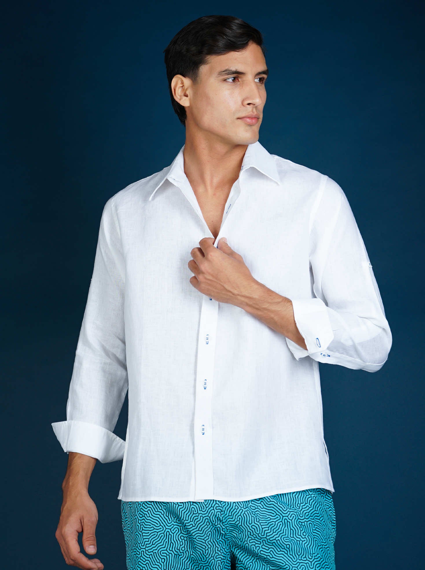MALLORCA Linen Shirt - White/Royal Blue - CRASQI